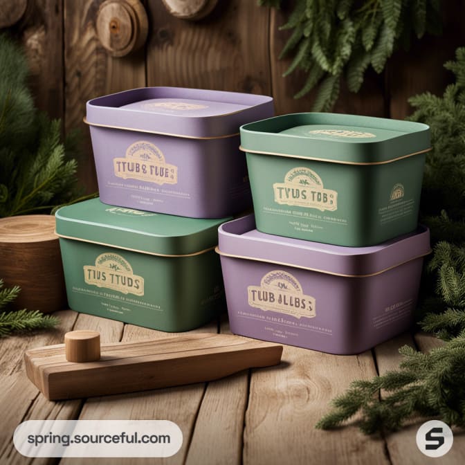 Stacked green and purple ice cream tubs with rustic background and greenery.