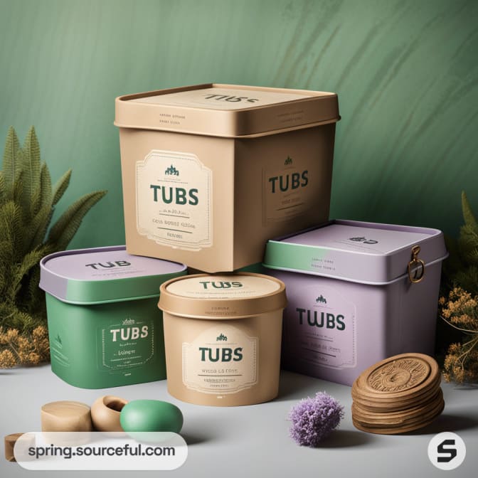 Stacked eco-friendly square tubs in beige, green, and lavender with a nature-inspired backdrop.
