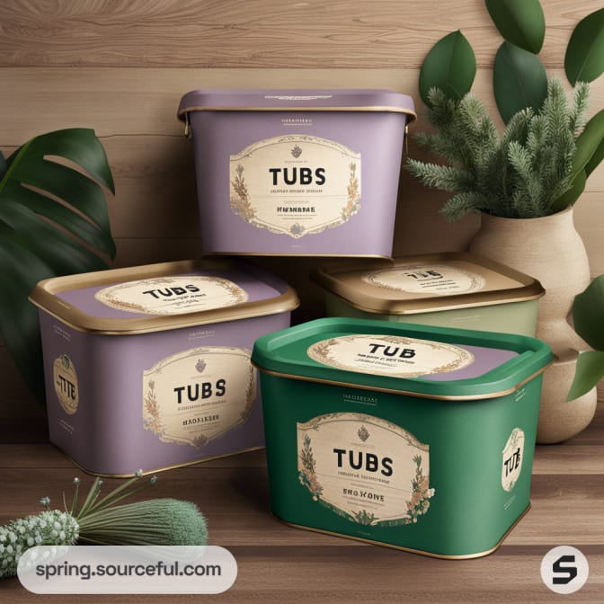 Stack of pastel and green storage tubs with vintage labels, placed on a wooden surface with plants.