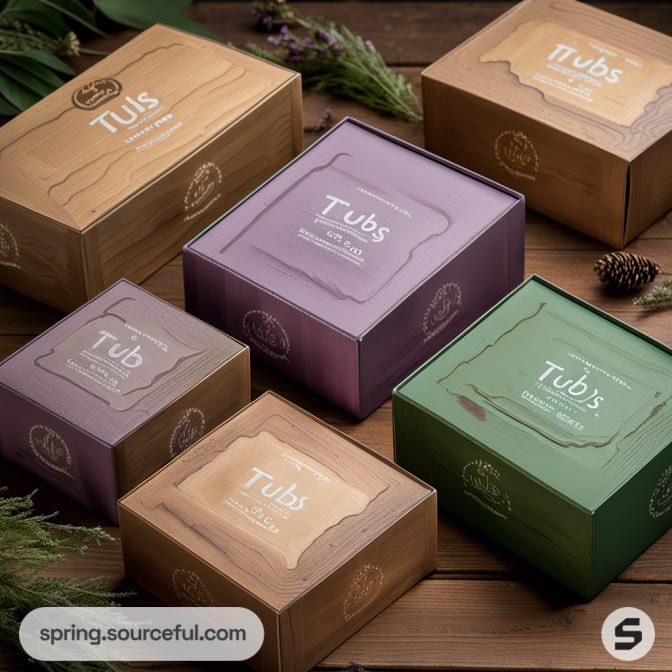 Various colored gift boxes labeled 'Tub's', arranged on a wooden surface with leaves and pinecones.