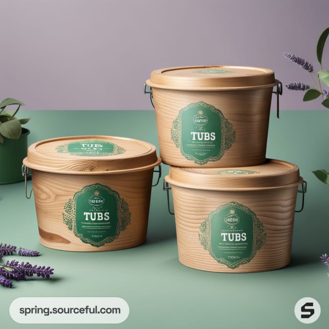 Three wooden tubs with green labels on a green surface and lavender sprigs nearby.