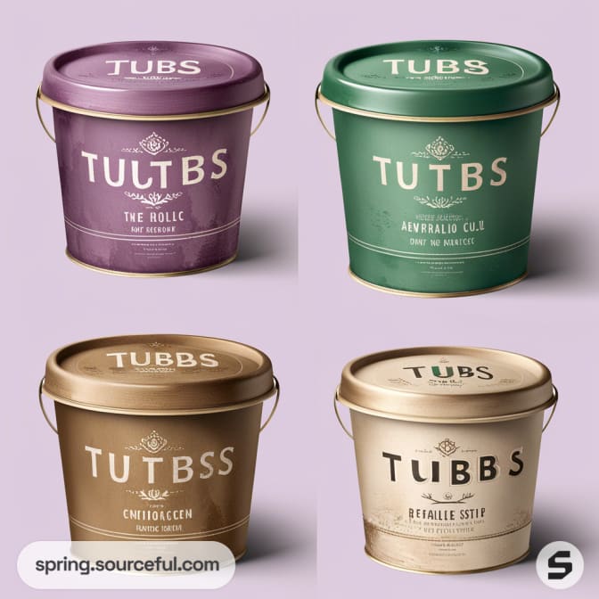 Four decorative ice cream tubs in purple, green, brown, and beige with different text and lids, on a light purple background.