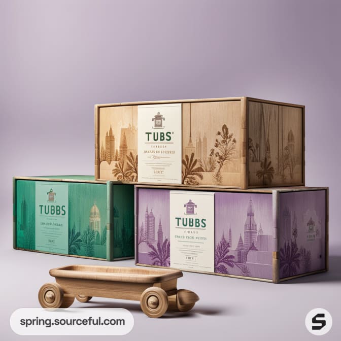 Stacked wooden boxes with intricate cityscape designs in green, cream, and purple, next to a wooden toy car.