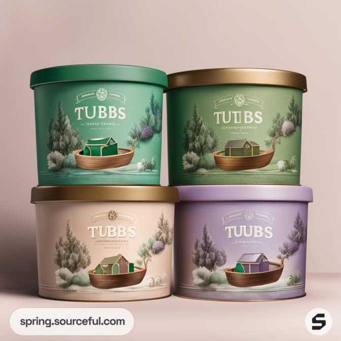 Four pastel-colored ice cream tubs with illustrations of a cabin and trees, labeled 'TUBBS'.