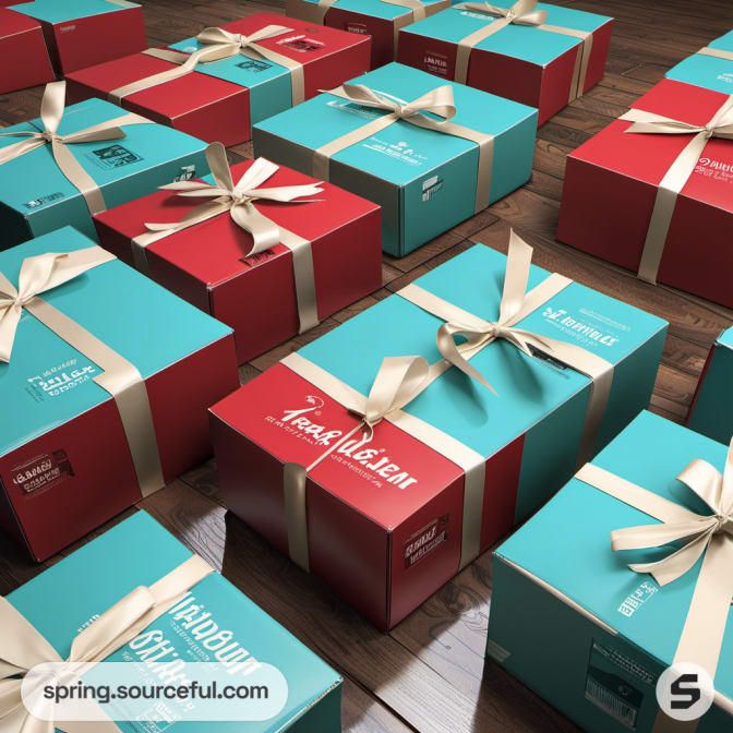 Red and teal gift boxes with ribbons on wood floor