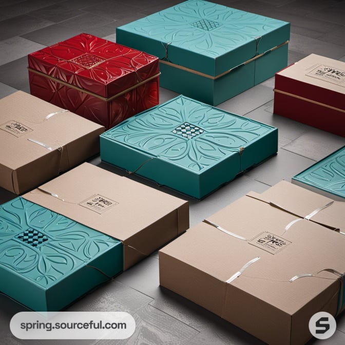 Patterned square teal and red boxes on tiled floor