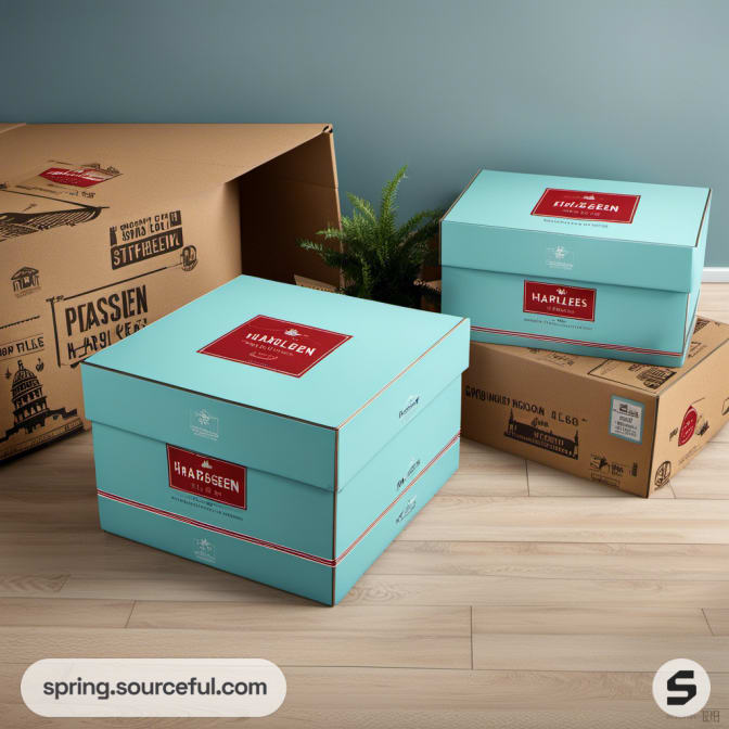 Teal and red square boxes with decorative designs
