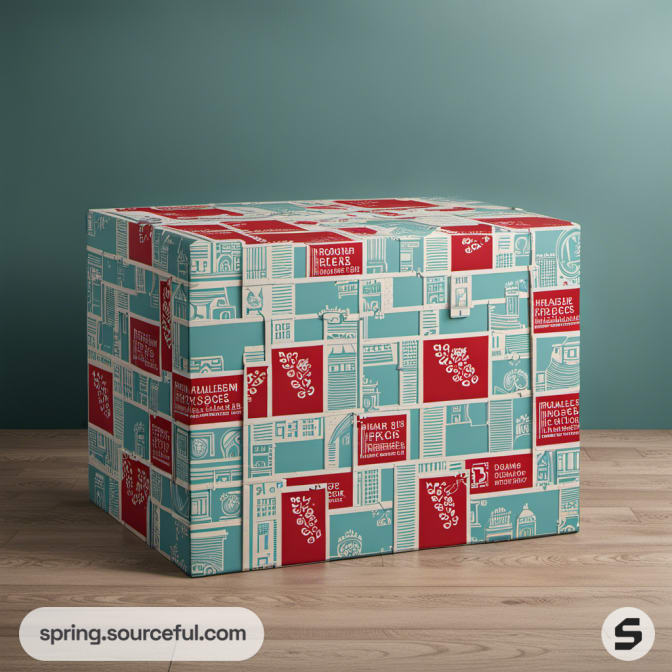 Teal and red themed shipping box with city designs