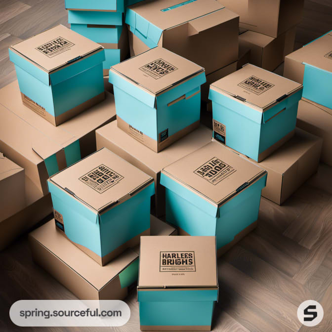 Teal and brown square boxes organized neatly