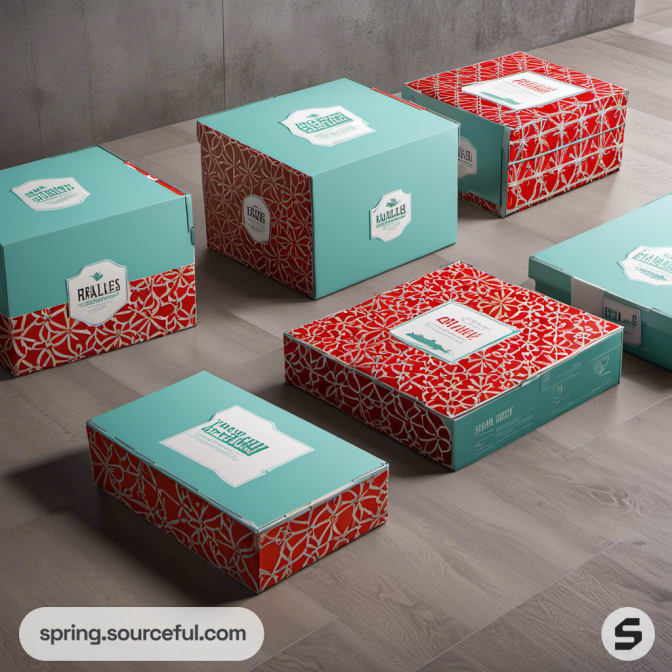 Teal and red patterned boxes on wooden floor