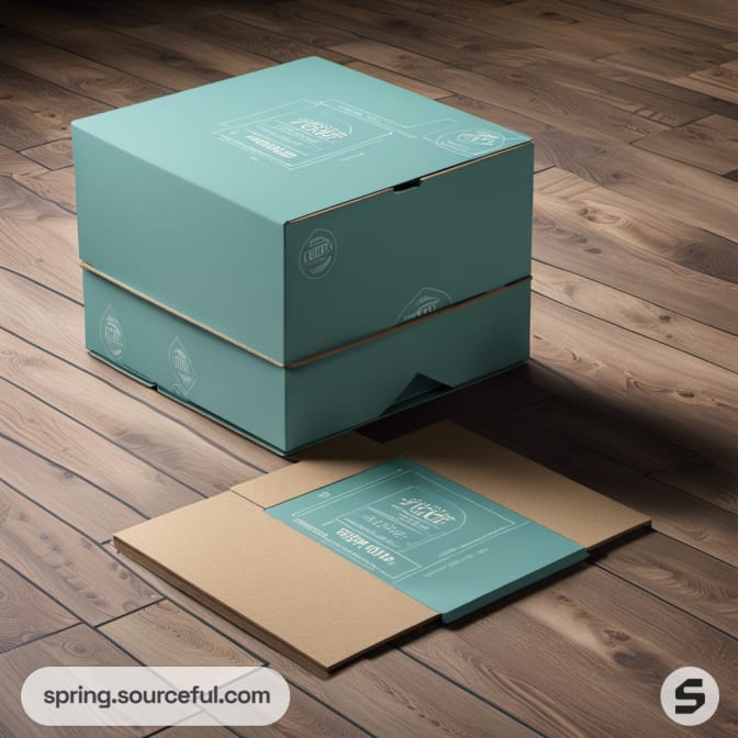 Single teal box with brown insert on wooden floor