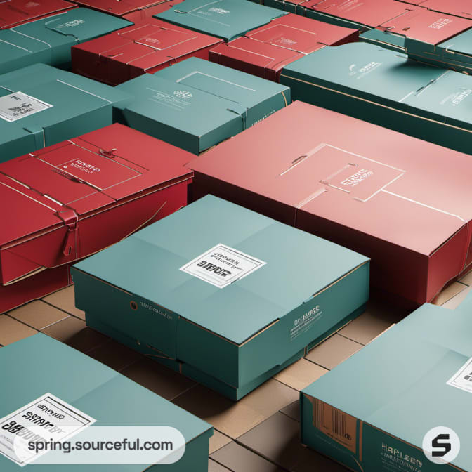 Red and teal delivery boxes neatly arranged