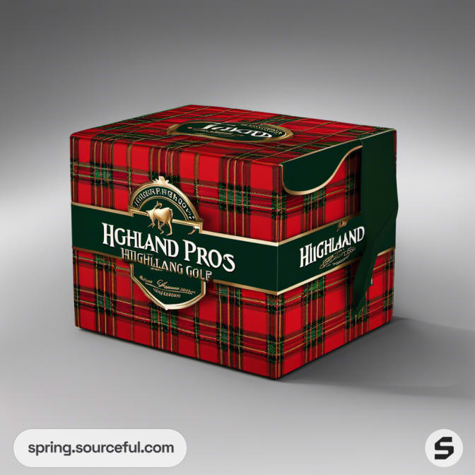 Tartan-patterned mailer box with deer logo and golf-themed branding.
