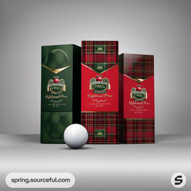 Three tall boxes with tartan and green design, featuring golf branding.