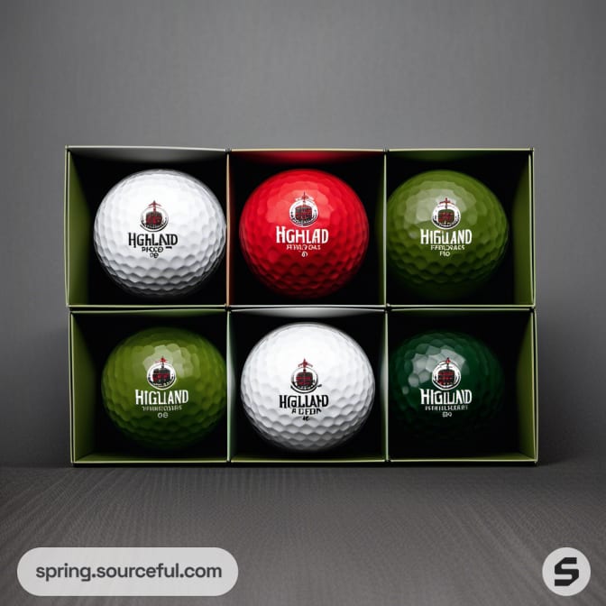 Open box with six golf balls in red, white, and green with logo.