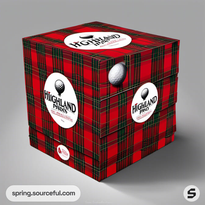 Red tartan mailer box with golf branding and logo detail.