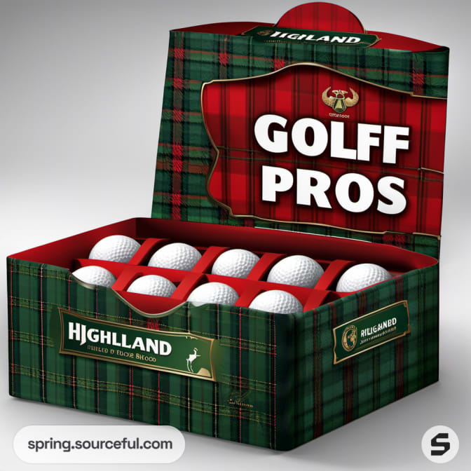 Red tartan box with golf balls displayed and text 'Golff Pros'.