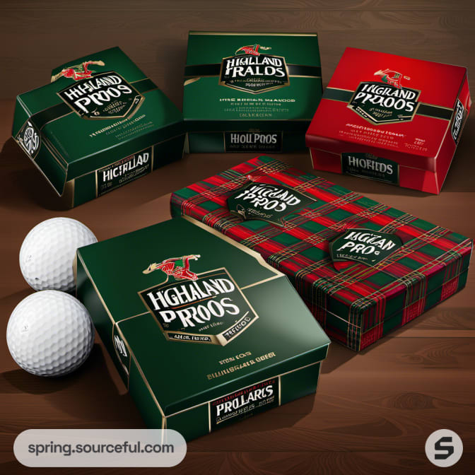 Assorted green and red golf ball boxes with branding and golf balls.