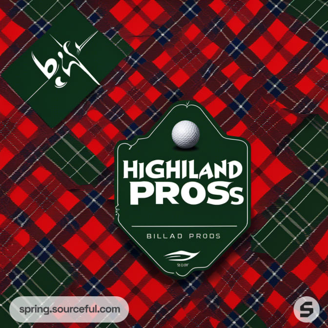Close-up of tartan fabric with golf-themed label logo.