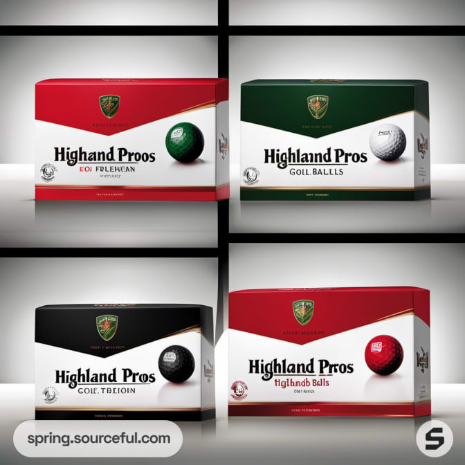 Four branded boxes of golf balls in red, black, and green.