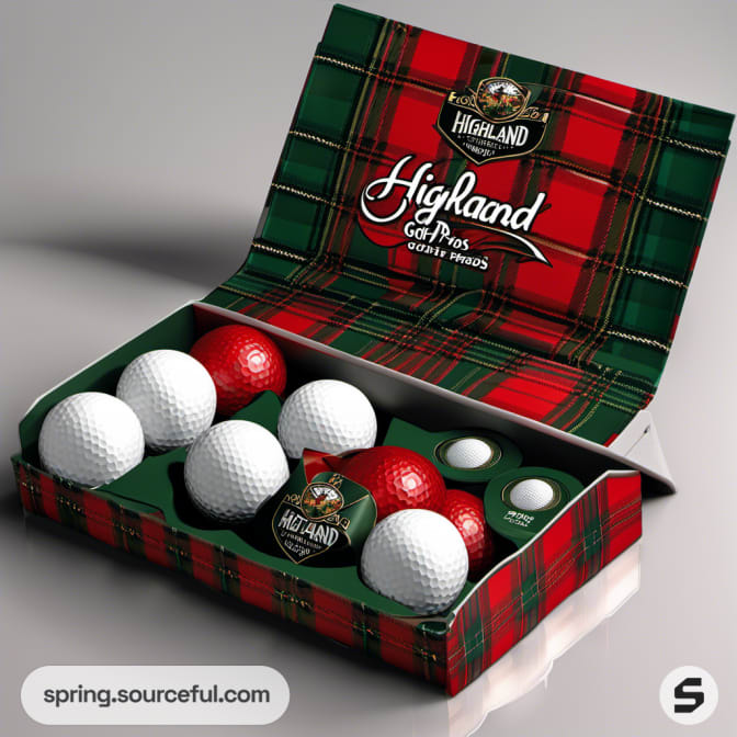 Open tartan gift box with multiple red and white golf balls.