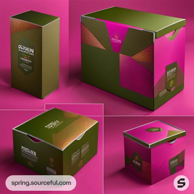 Green and pink packaging boxes with geometric designs on pink background.