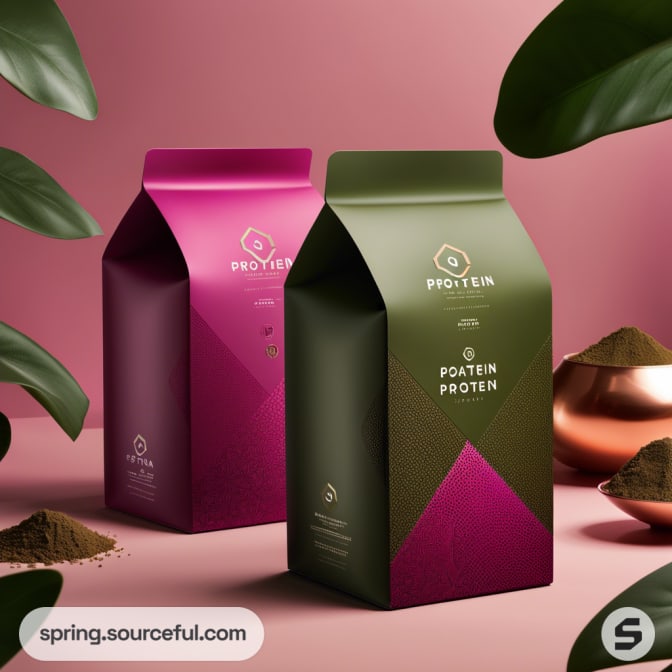 Two protein powder cartons in green and pink, with leafy accents.