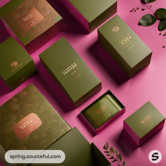 Assorted green and pink packaging boxes on pink surface.