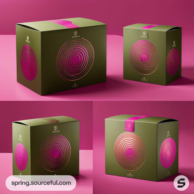 Green boxes with pink circular design on pink background.