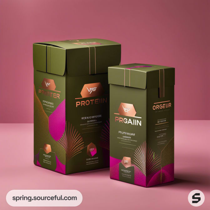 Tall protein containers in green with pink accents on pink background.