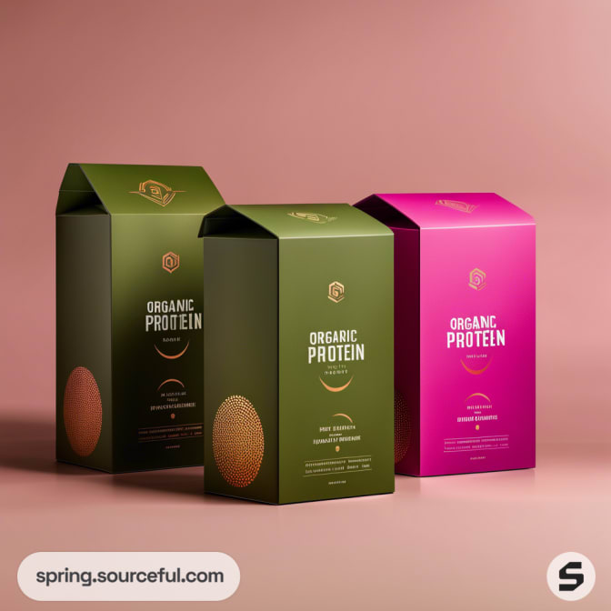 Three protein powder boxes in green and pink on neutral background.