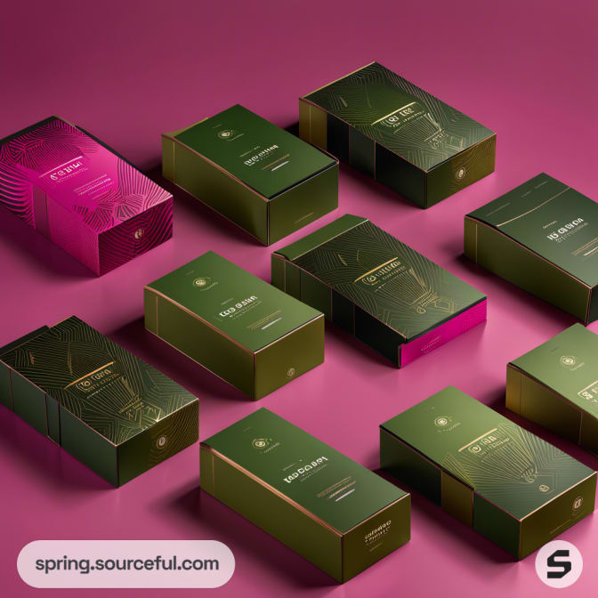 Stacked green and pink packaging boxes on pink background.