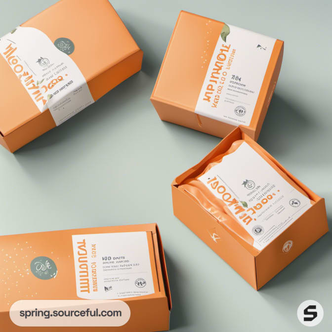 Orange mailer boxes with pet-themed design and labels on pastel background.