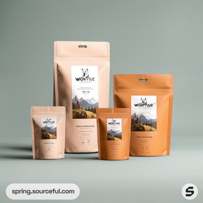 Set of resealable pouches with mountain dog imagery on green background.