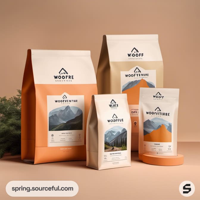 Variety of pet food bags with mountains on beige and orange packaging.