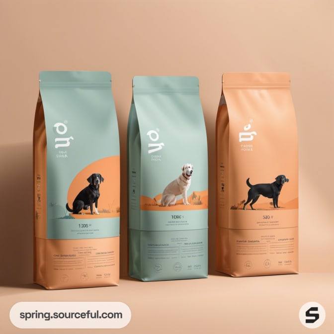 Three tall pet food bags with dog illustrations on peach and teal colors.