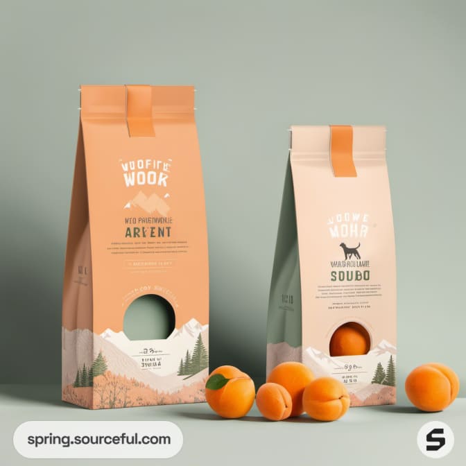 Pet treat bags with mountain and apricot graphics on green background.