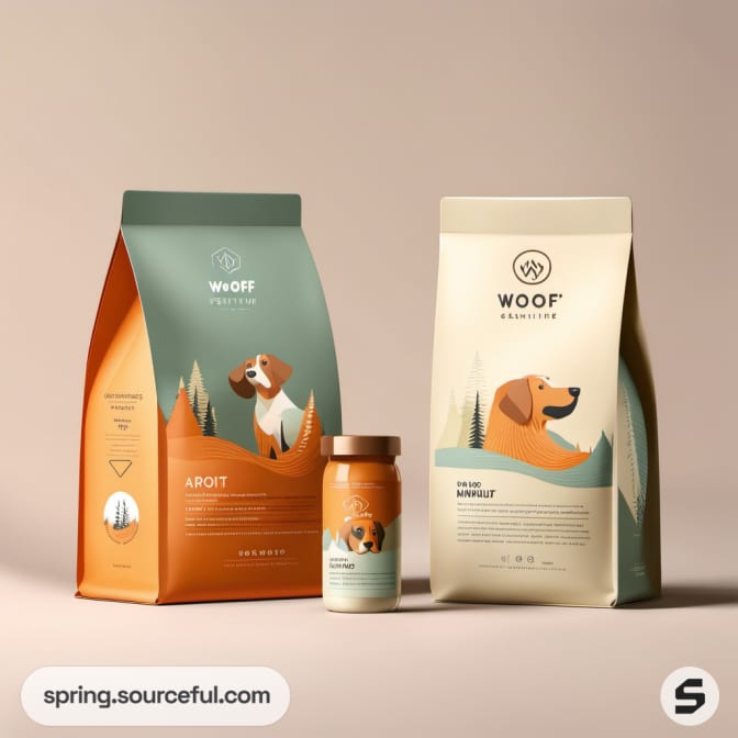 Pet food bags and jar with dog graphics and nature theme on beige backdrop.