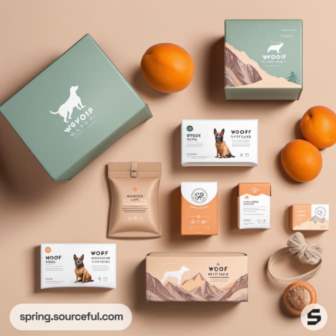 Pet care products in boxes and pouches with dog images and oranges.