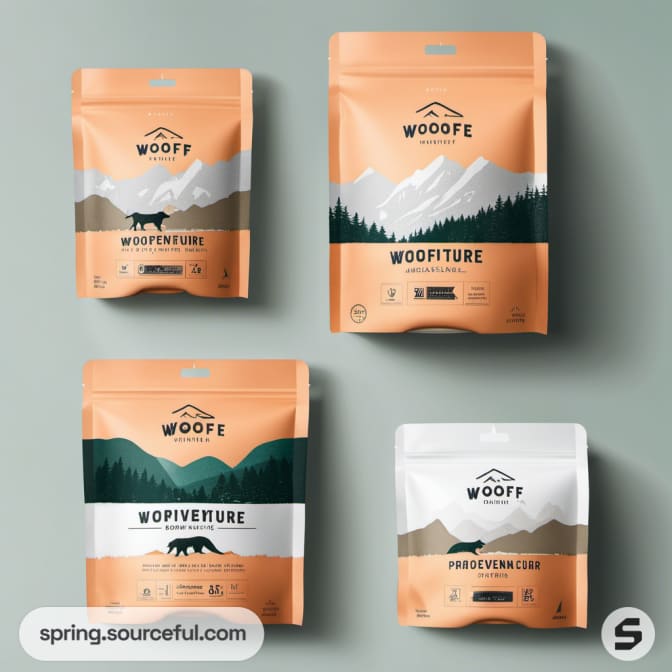 Four resealable pouches with mountain and animal graphics on green background.