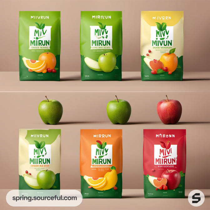 Colorful fruit packaging with apples and citrus on resealable pouches.