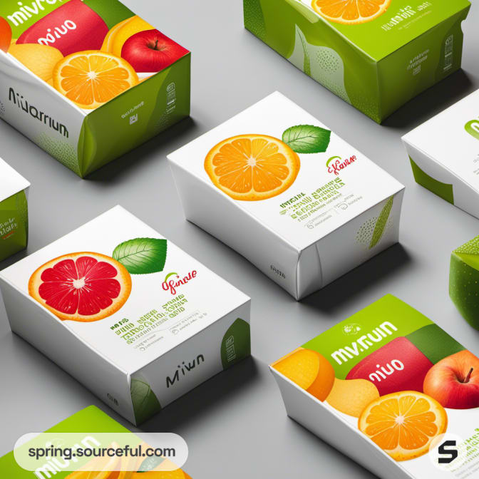 Fruit-themed boxed packaging with orange and lime designs.