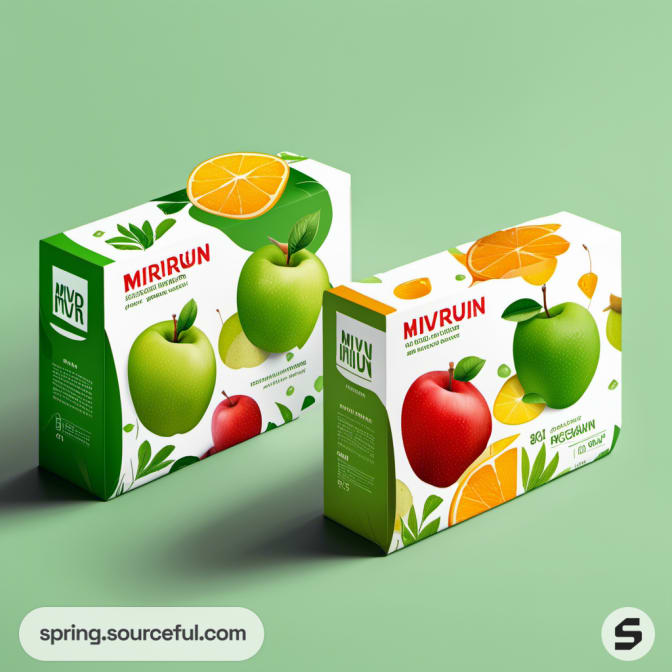 Apple and citrus-themed rectangular box packaging.