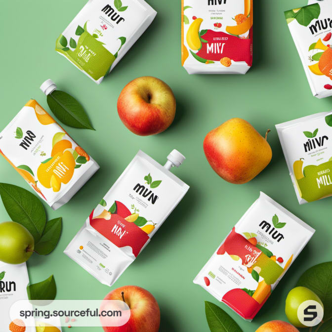 Fruit pouches and apples on green background.