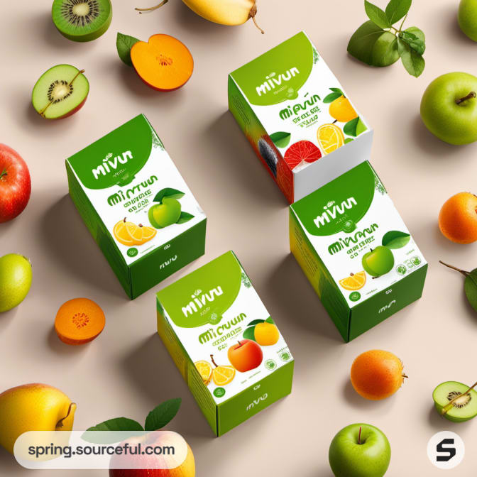 Fruit-themed boxes and fresh fruits on display.