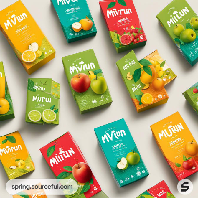 Colorful boxed packaging with fruit graphics.