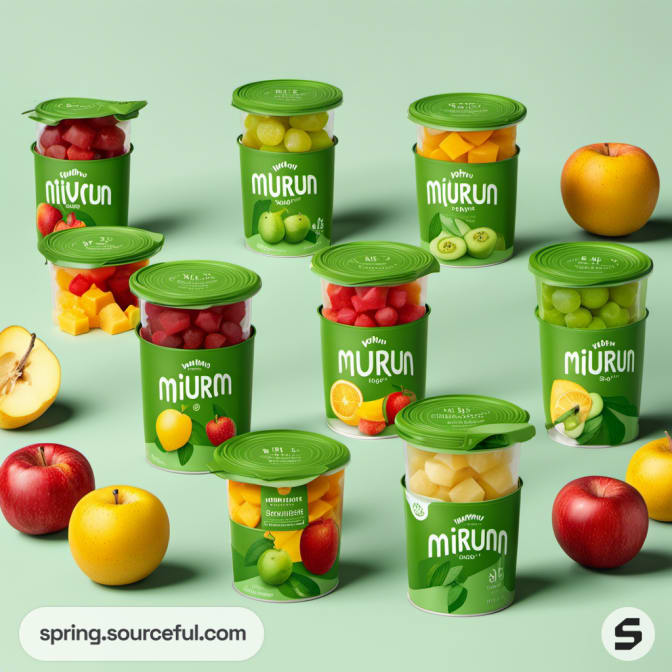 Green cups with fruit pieces and apple designs.