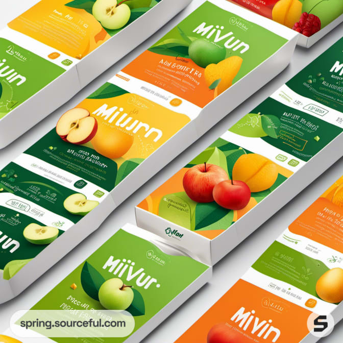 Flat boxed fruit packaging with orange and apple designs.