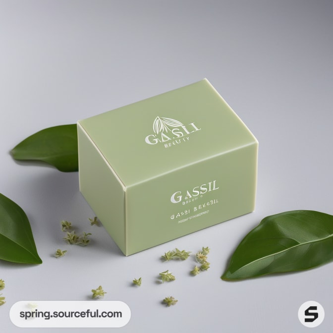 Light green box with botanical design and leaves on a gray background.