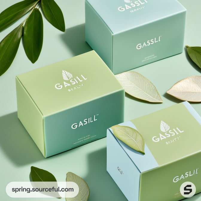 Three pastel-colored boxes with leaf designs and decorative leaves.